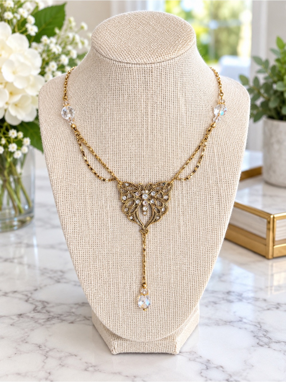 Vintage Avon Gold-Tone Butterfly Necklace with Aurora Borealis Crystals